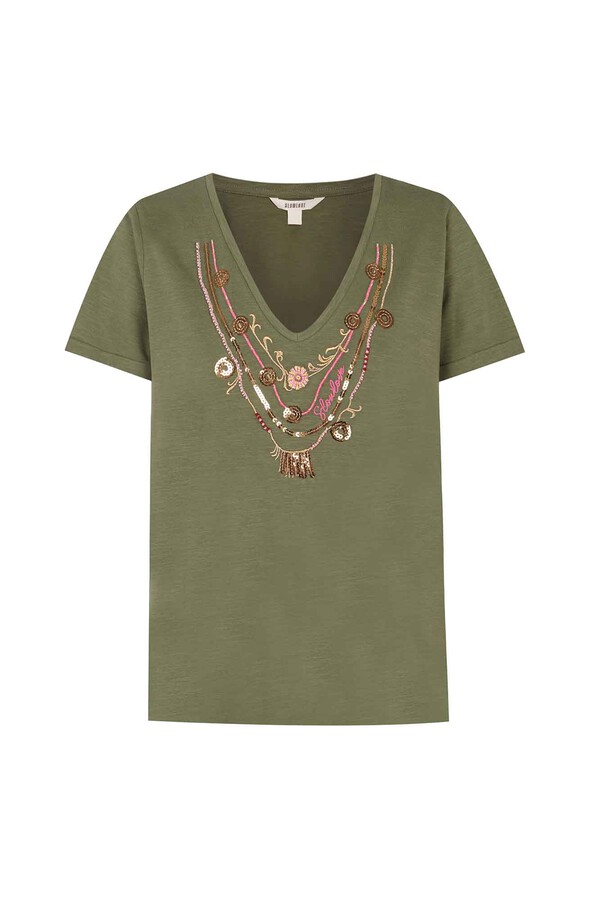 Cortefiel Embroidered necklace t-shirt Kaki