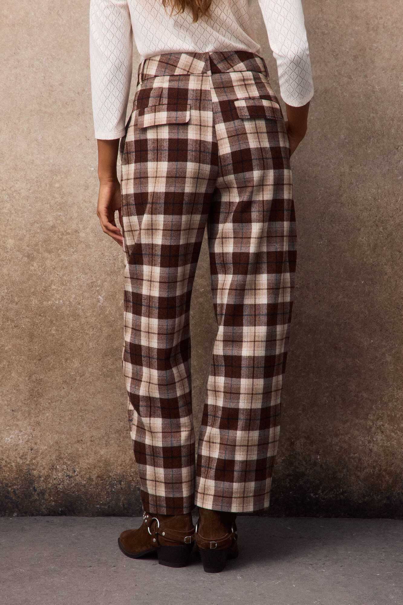 Slowlove Pantal&oacute;n corte barrel de cuadros Estampado marr&oacute;n