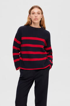Cortefiel Oversize striped jumper with round neck. Blue