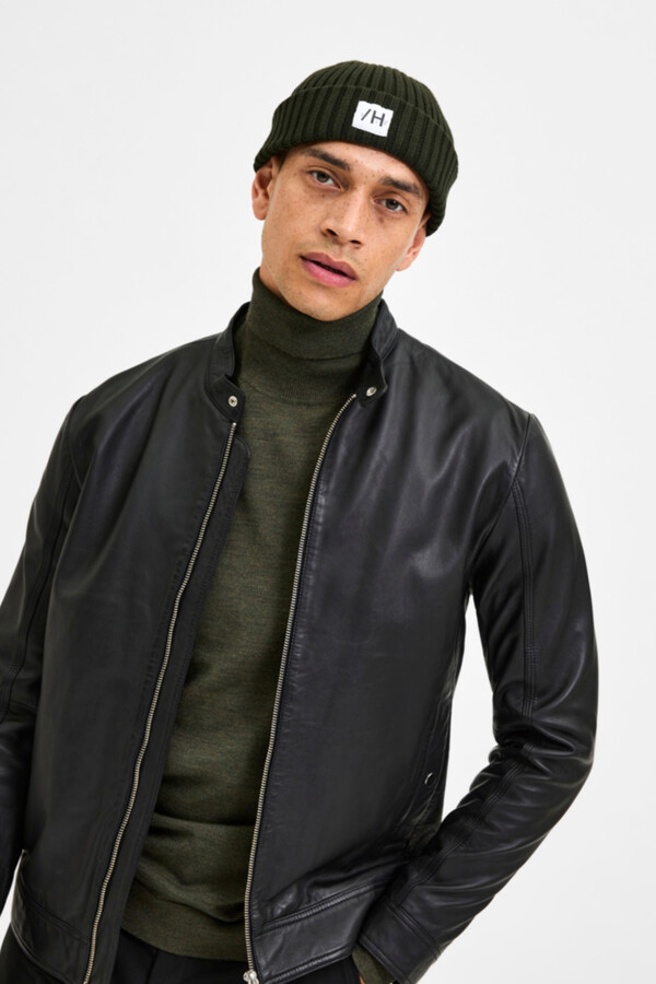 Cortefiel Leather jacket Black