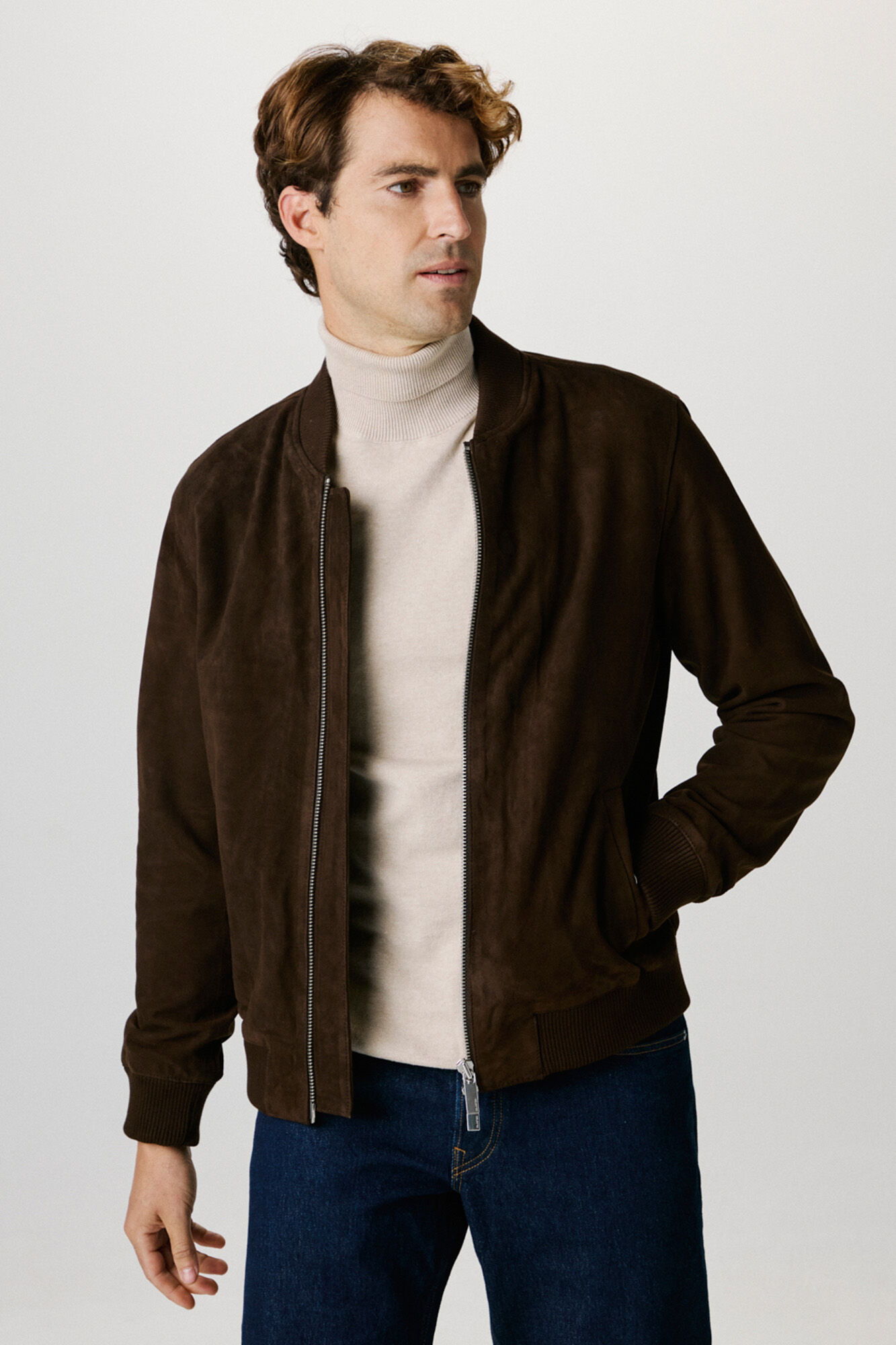 Selected 100% Suede Bomber Jacket.  Brown