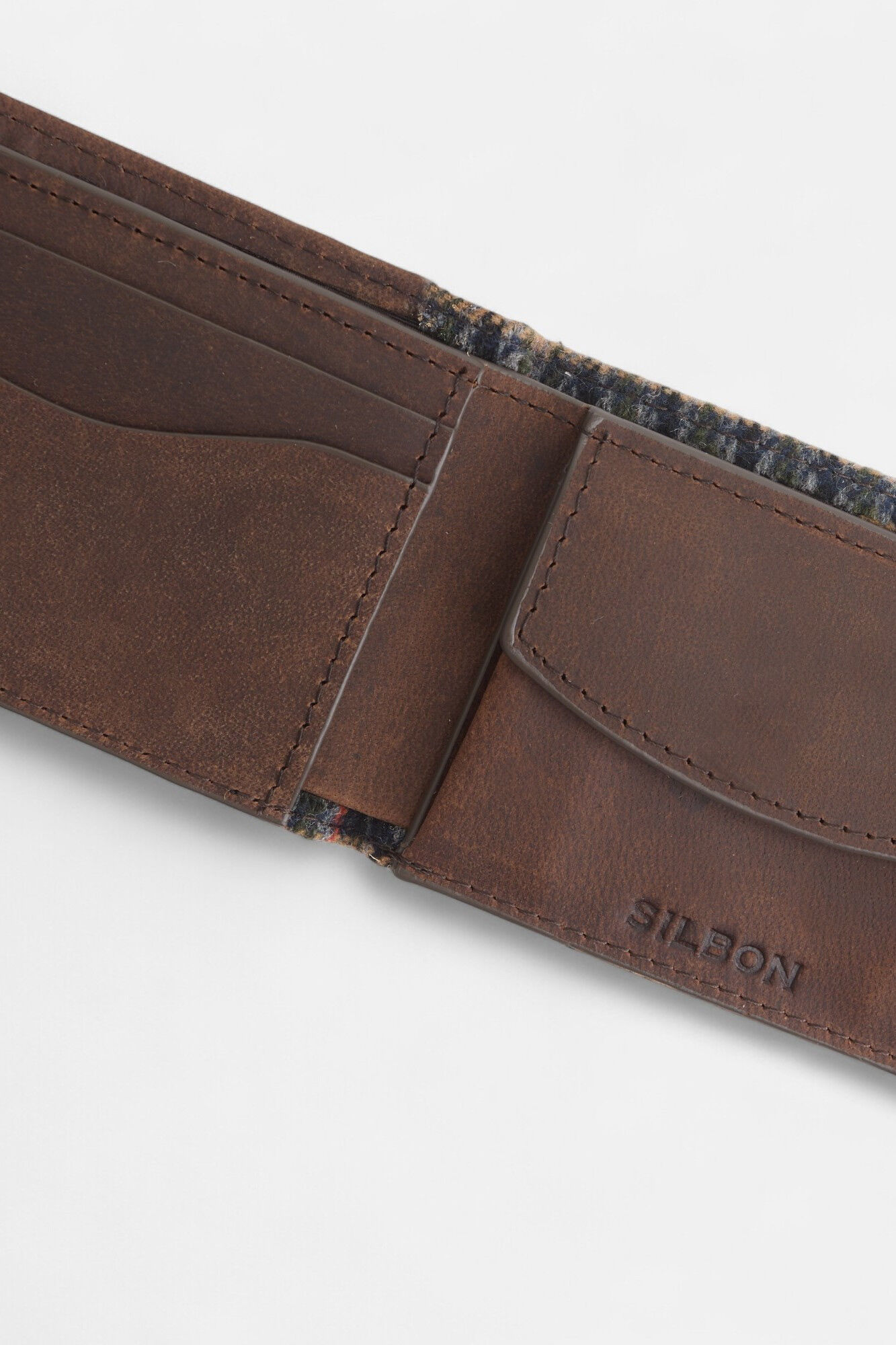 Silbon Carteira de couro com tecido xadrez