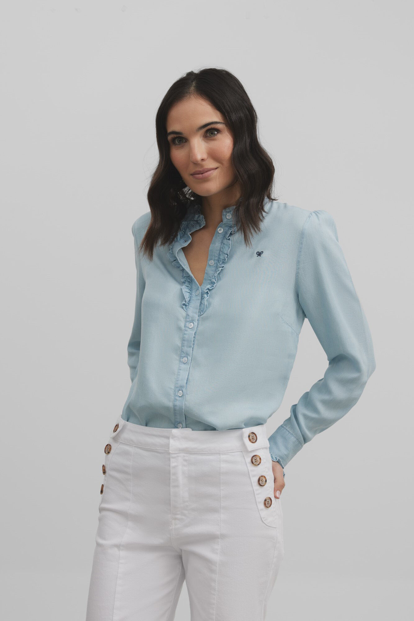 Silbon Camisa woman volantes cuello denim Azul