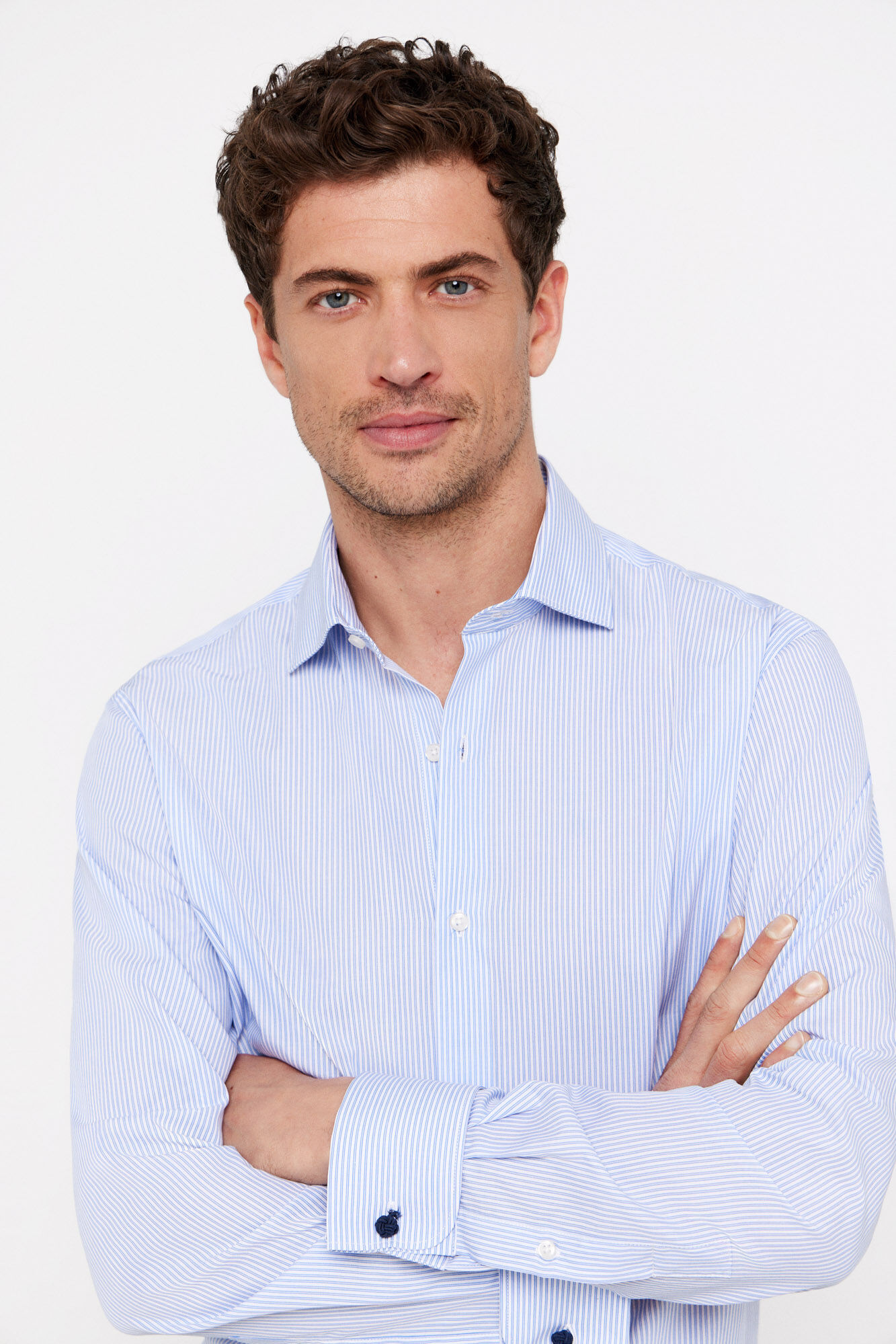 Cortefiel Striped easy-iron double cuff shirt Blue