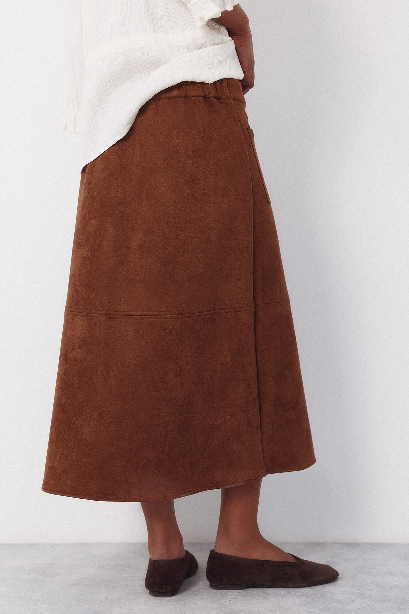 Cortefiel Flared suede skirt Dark brown