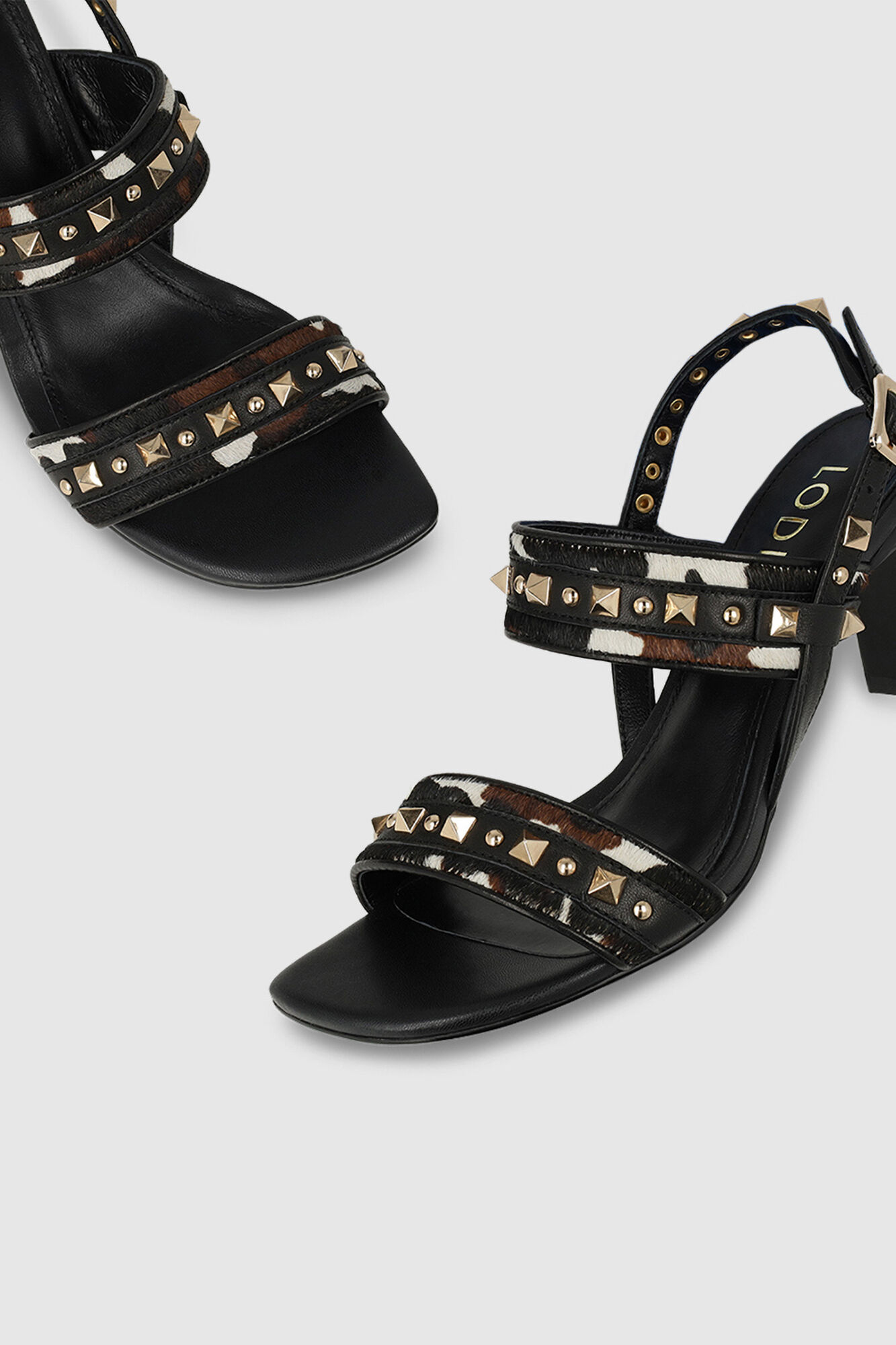 Lodi Sand&aacute;lias em pele combinada com efeito animal print Preto