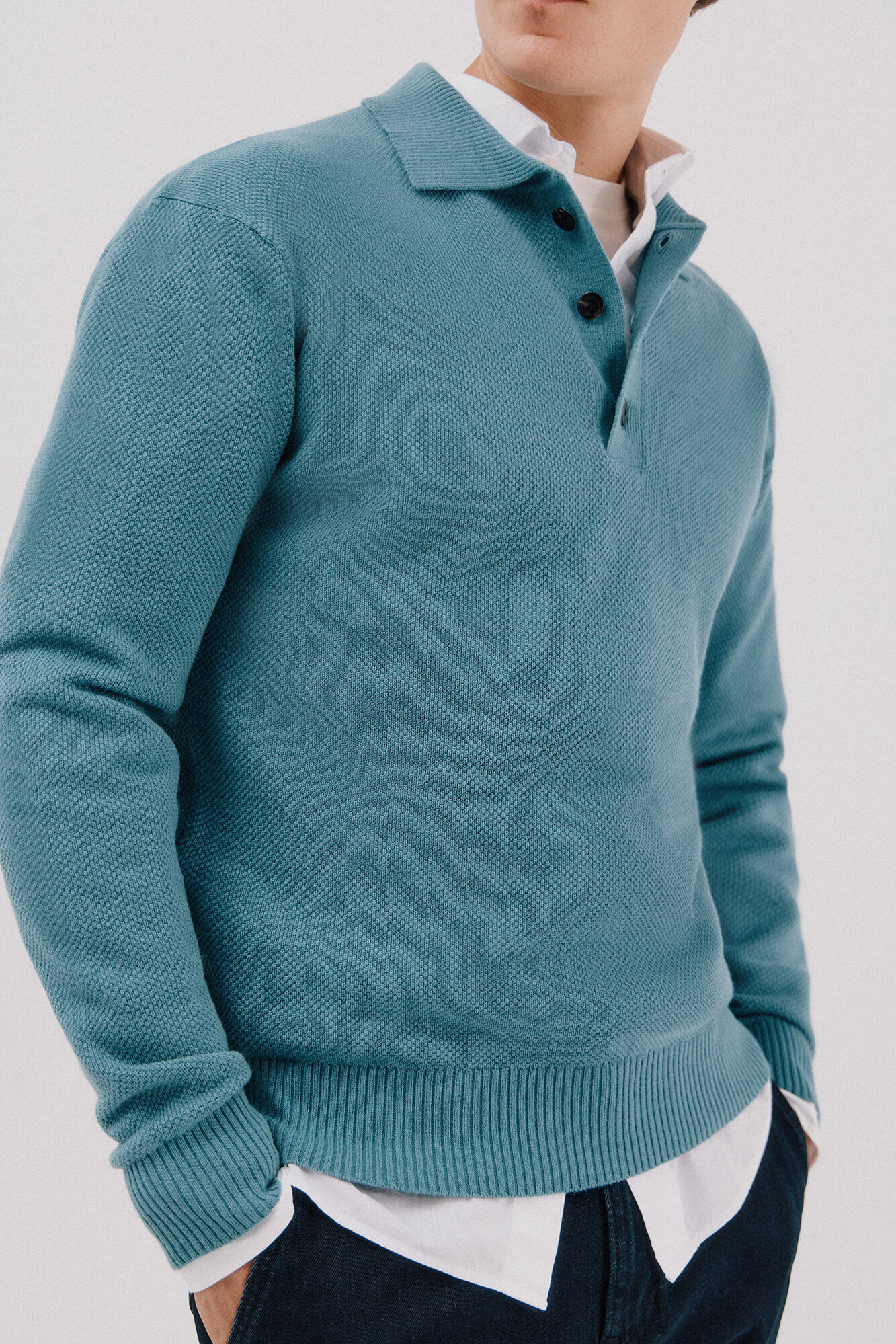 Cortefiel Jersey estructura lana cuello polo botones Azul