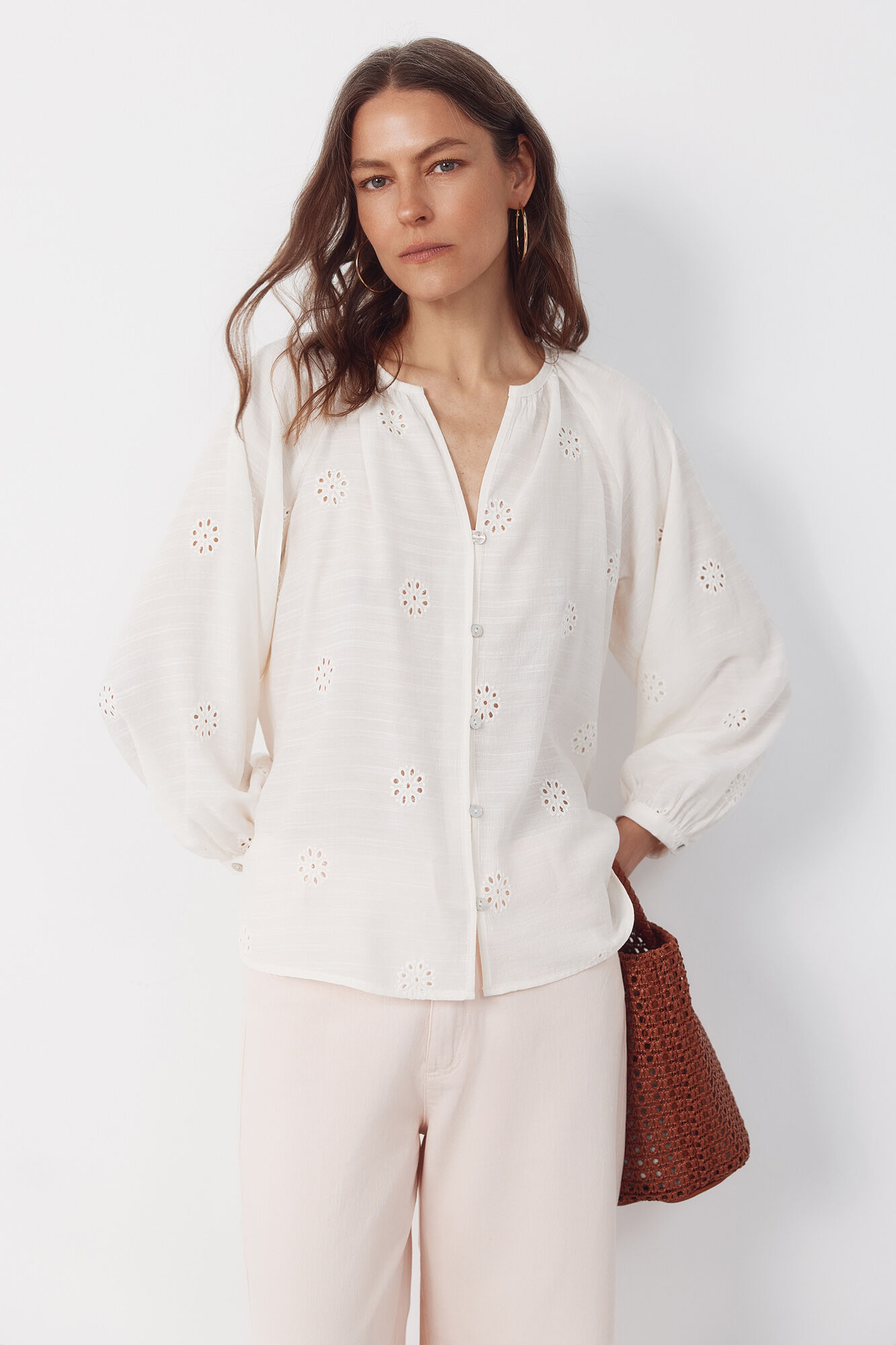 Cortefiel Embroidered blouse Ivory