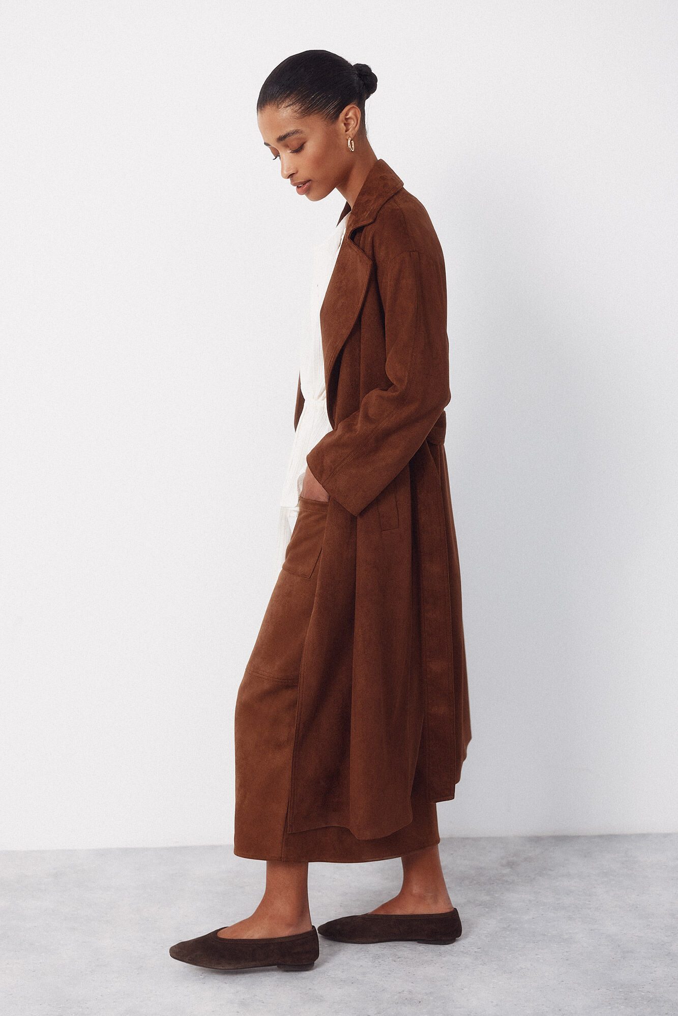 Cortefiel Flared suede skirt Dark brown