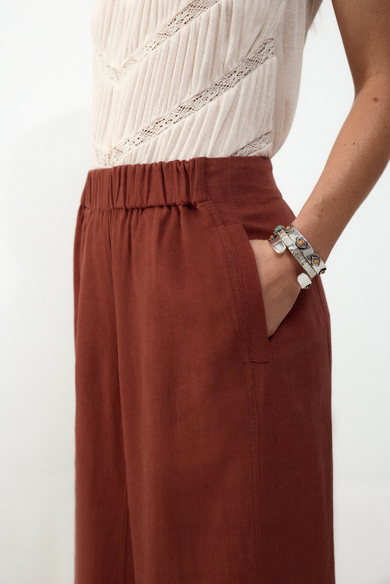 Slowlove Pantal&oacute;n ancho de lino lavado Castanho