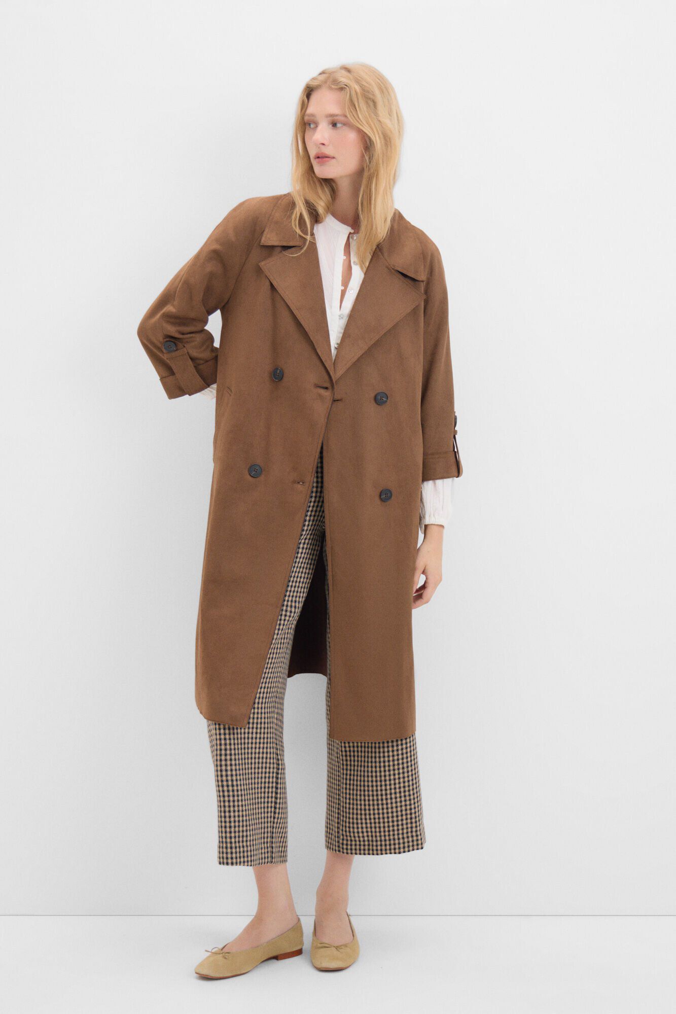 Cortefiel Faux suede trench coat Camel