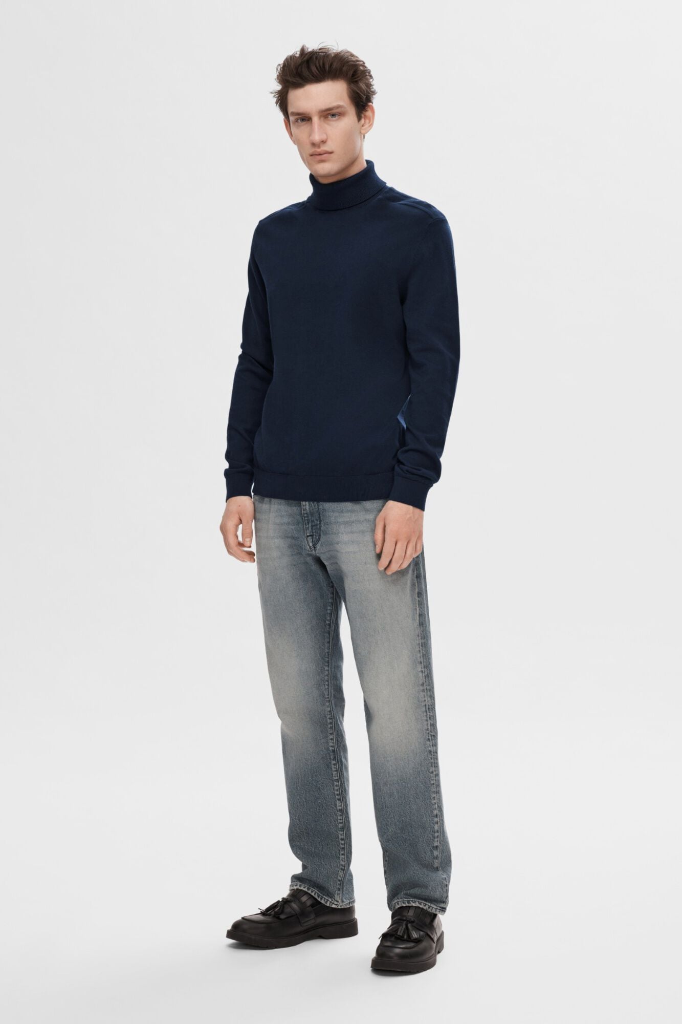 Selected Camisola gola alta em algod&atilde;o org&acirc;nico Azul