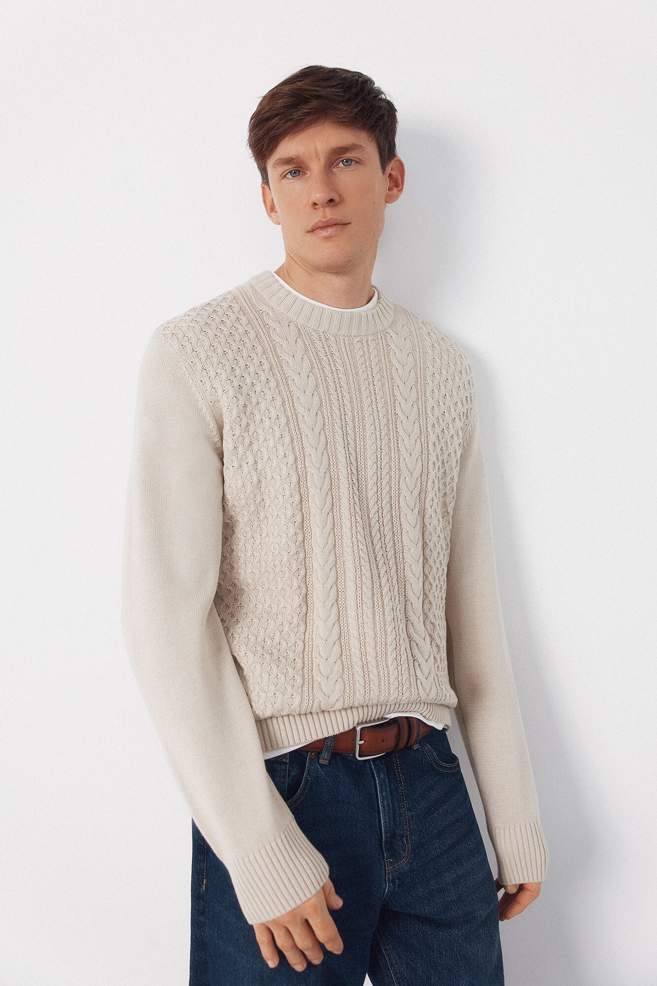 Cortefiel Cable knit round neck jersey-knit  Ivory