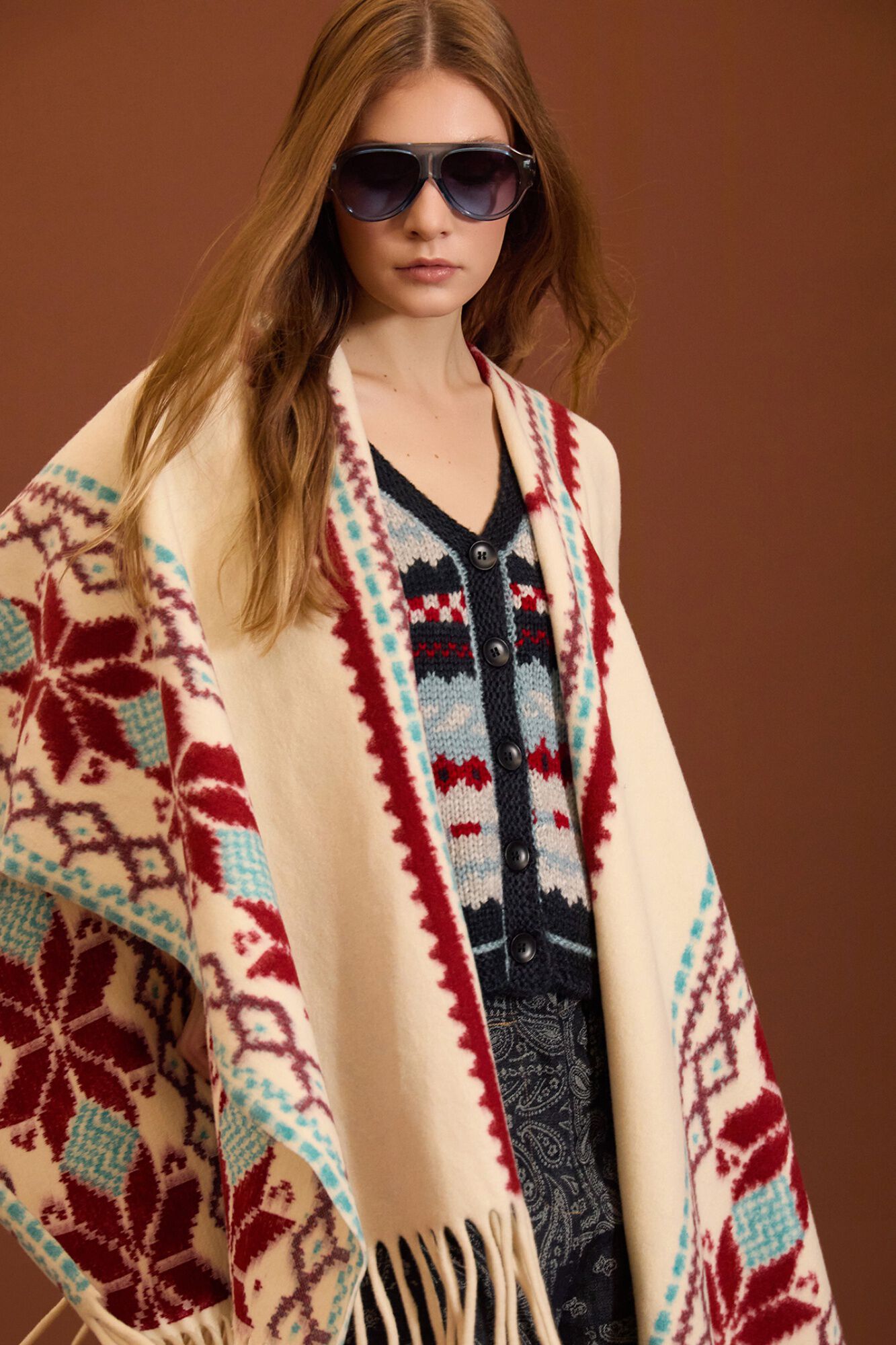 Meisie Poncho &eacute;tnico com franjas Impress&atilde;o