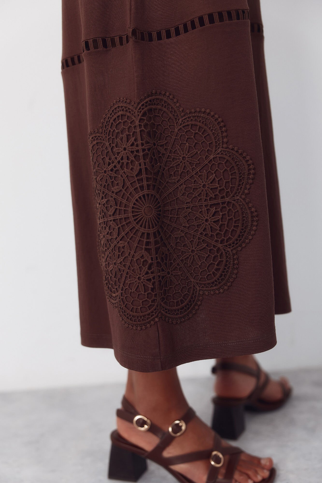 Cortefiel Floral guipure patchwork dress Brown