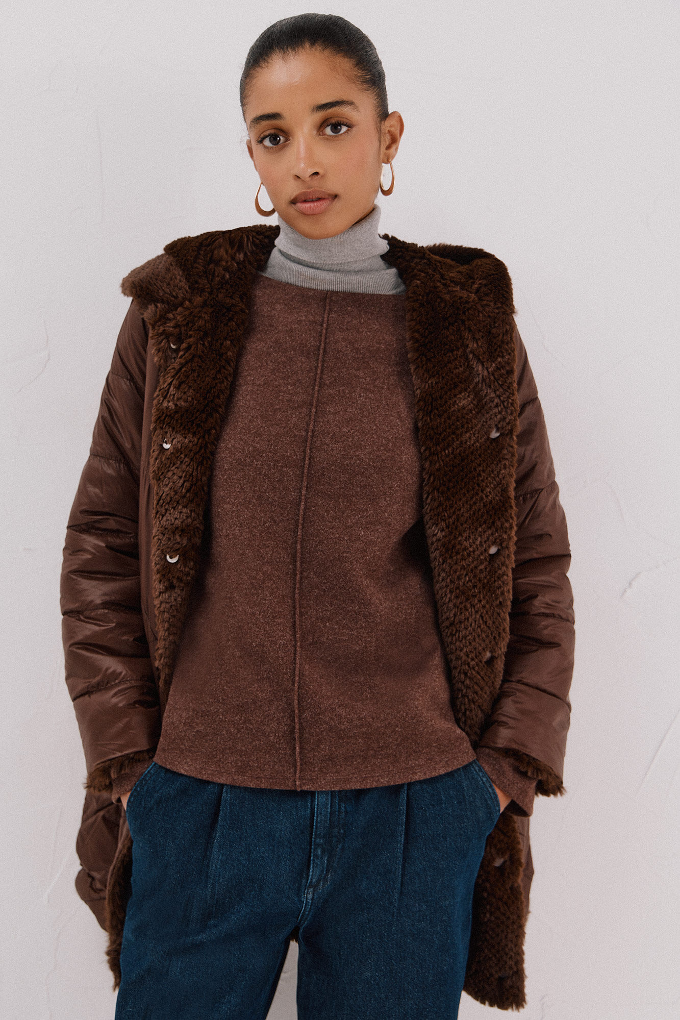 Cortefiel Long reversible faux fur coat Dark brown