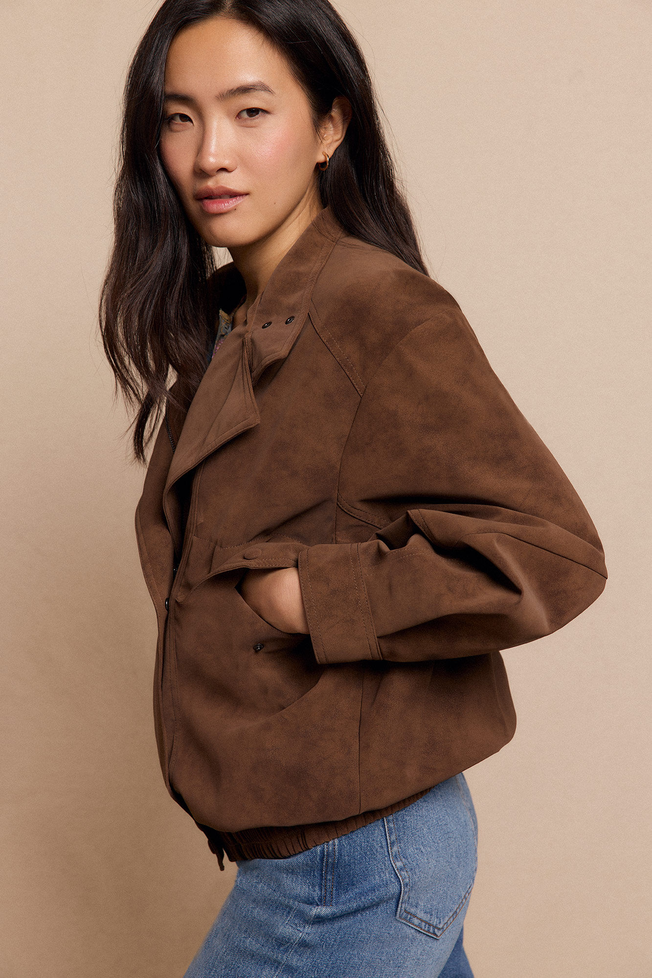 Slowlove Cazadora motera efecto piel Beige