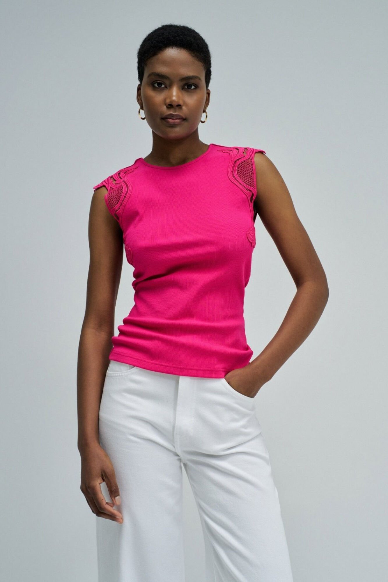 Salsa Jeans Top with lace shoulders Fuchsia