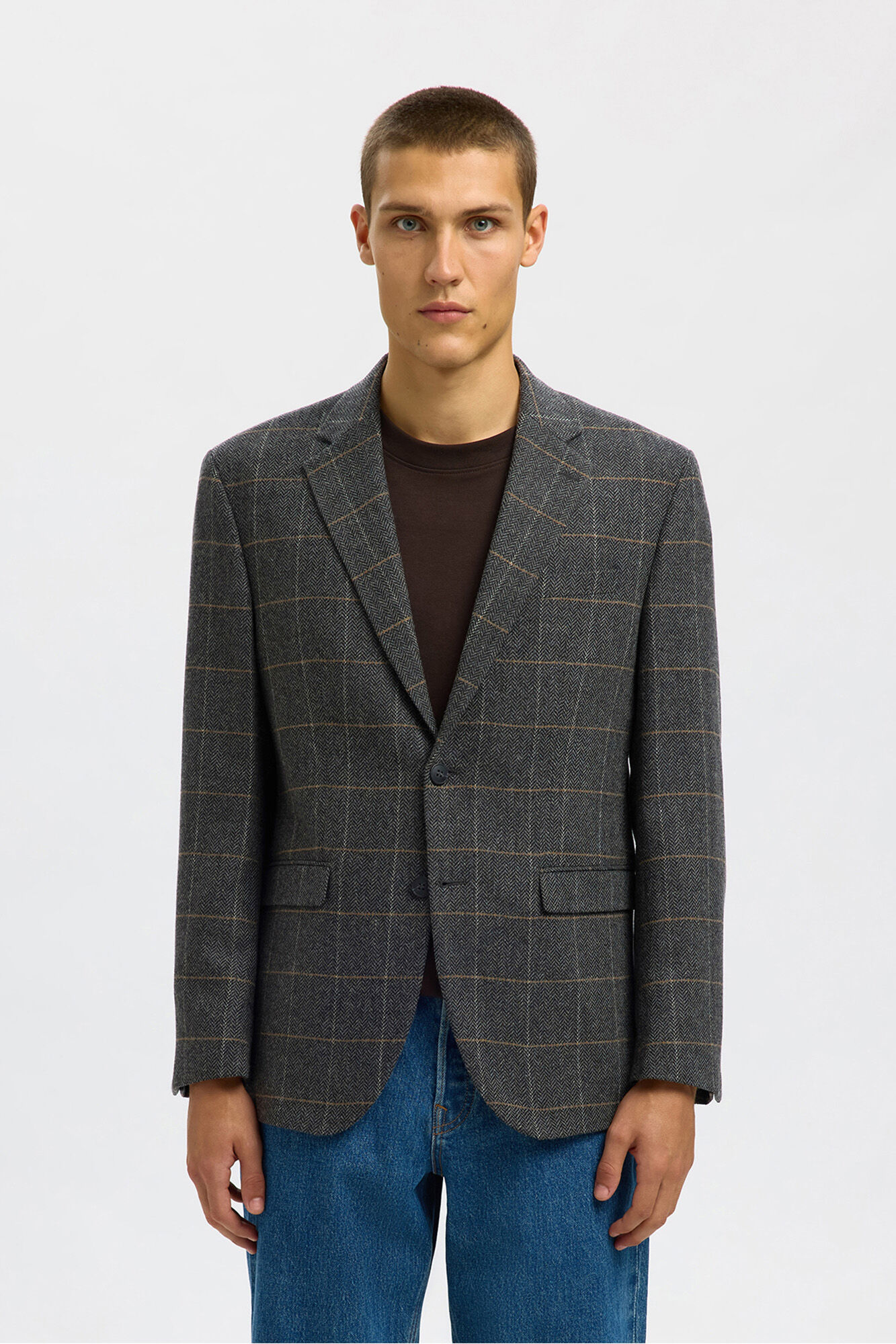 Selected Blazer de l&atilde; xadrez Cinzento