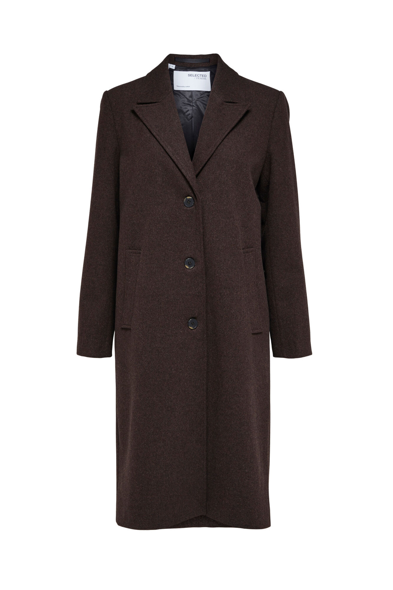 Selected Femme Classic recycled wool coat with button fastening. Brown