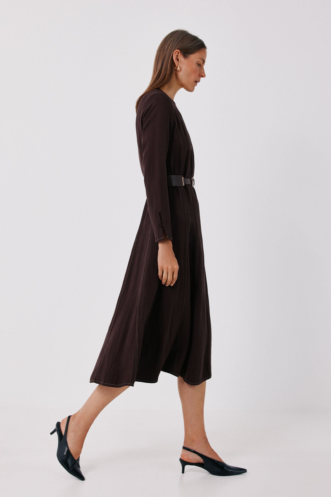 Cortefiel Long dress with seams Dark brown