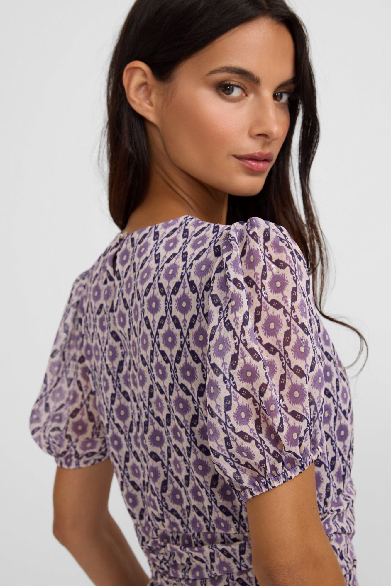 Silbon Vestido longo estampado franzido