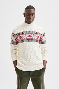 Cortefiel Polo neck rib jumper with Christmas motif White