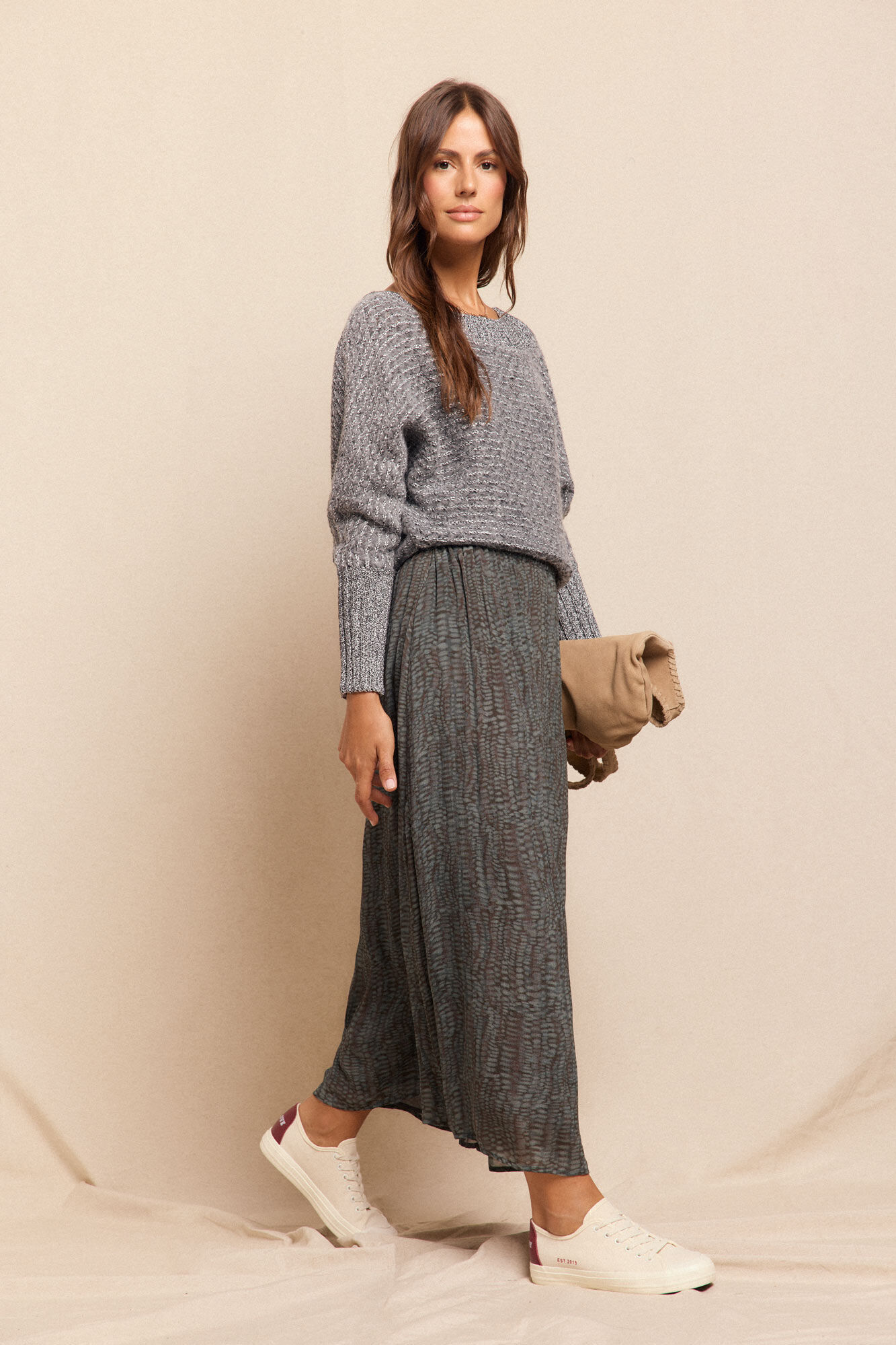 Slowlove Saia midi em cetim estampado Cinzento