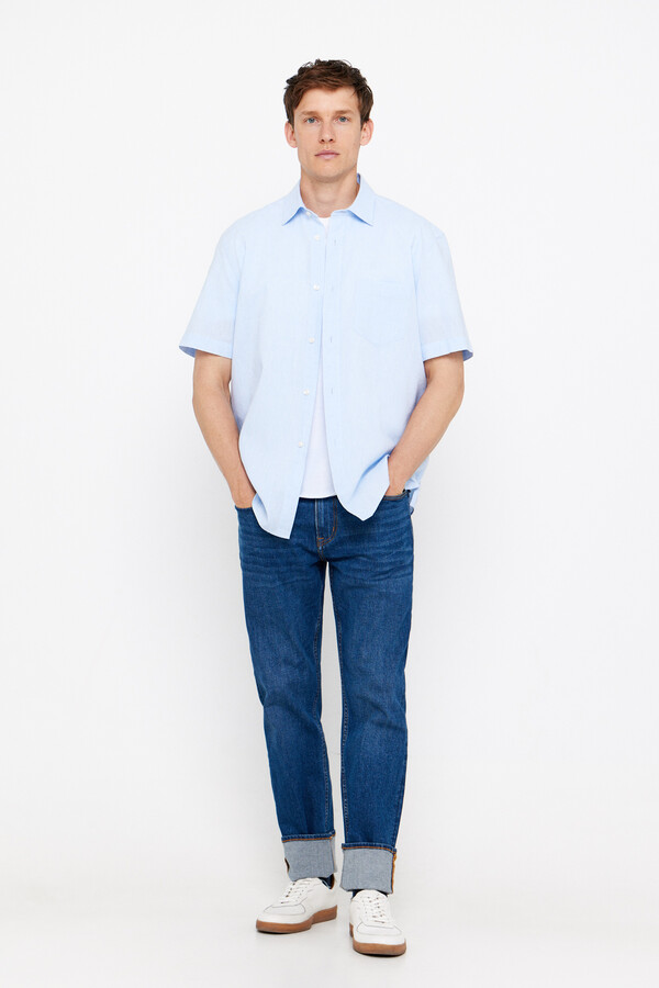 Cortefiel Plain short-sleeved linen and cotton shirt Blue