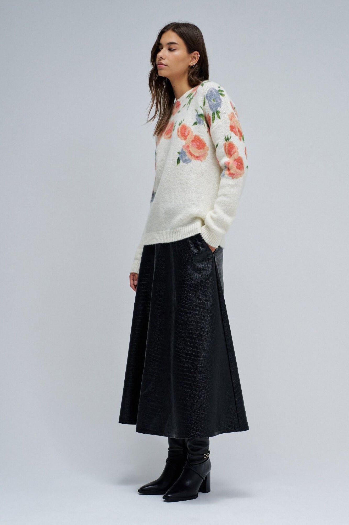 Salsa Jeans Wool and mohair sweatshirt with floral print Ivory