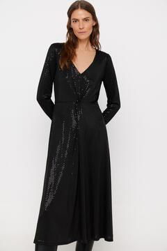Cortefiel Sequinned jersey-knit dress Black