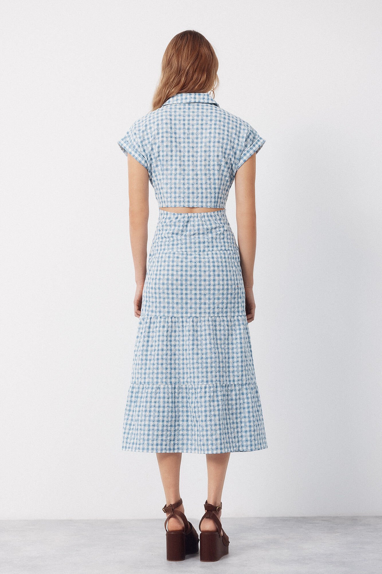 Cortefiel embroidered gingham dress Printed blue