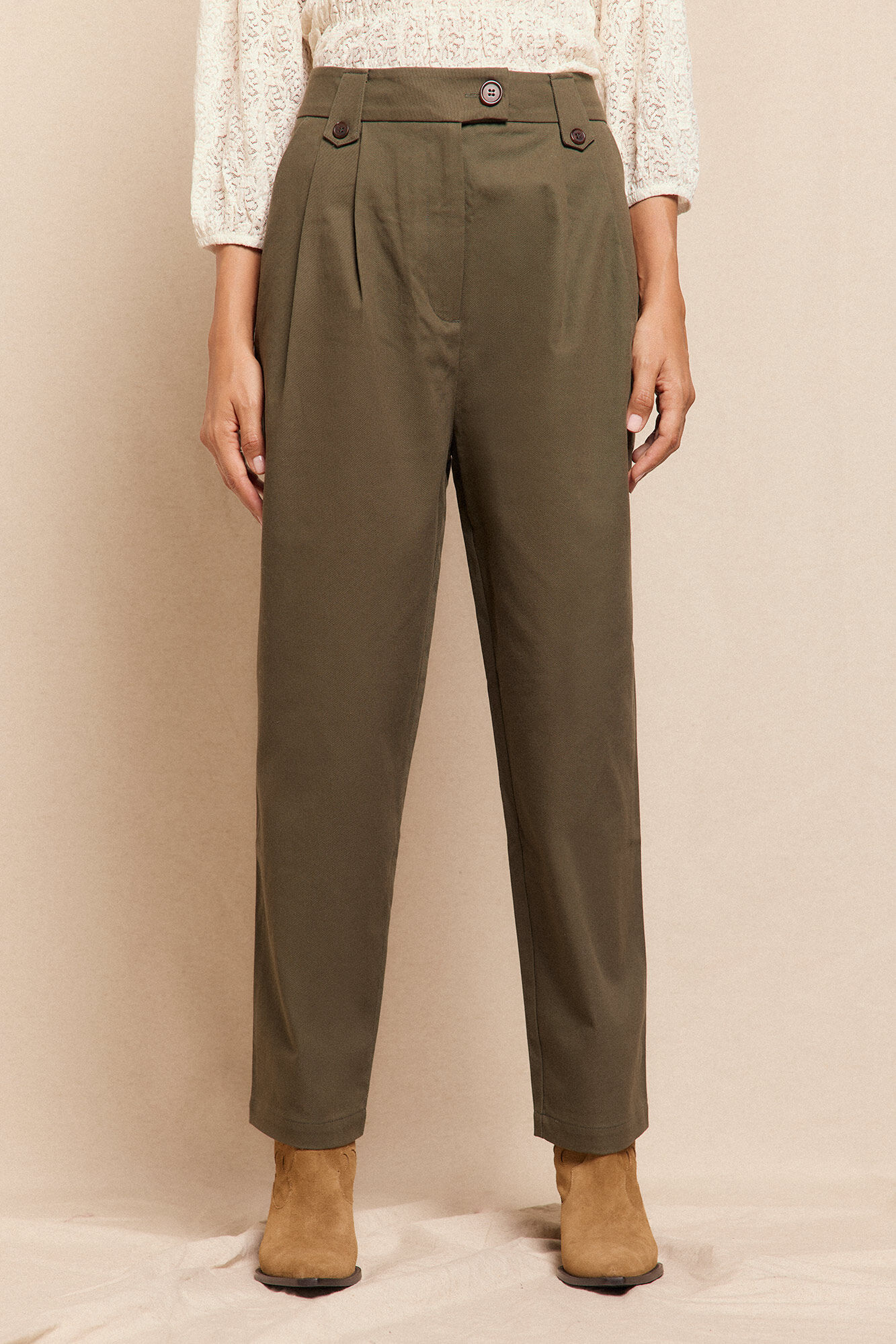 Slowlove Cal&ccedil;as de sarja com presilhas, passantes para cinto, bolsos laterais funcionais, perna, fecho de fecho-&eacute;clair e bot&atilde;o oculto