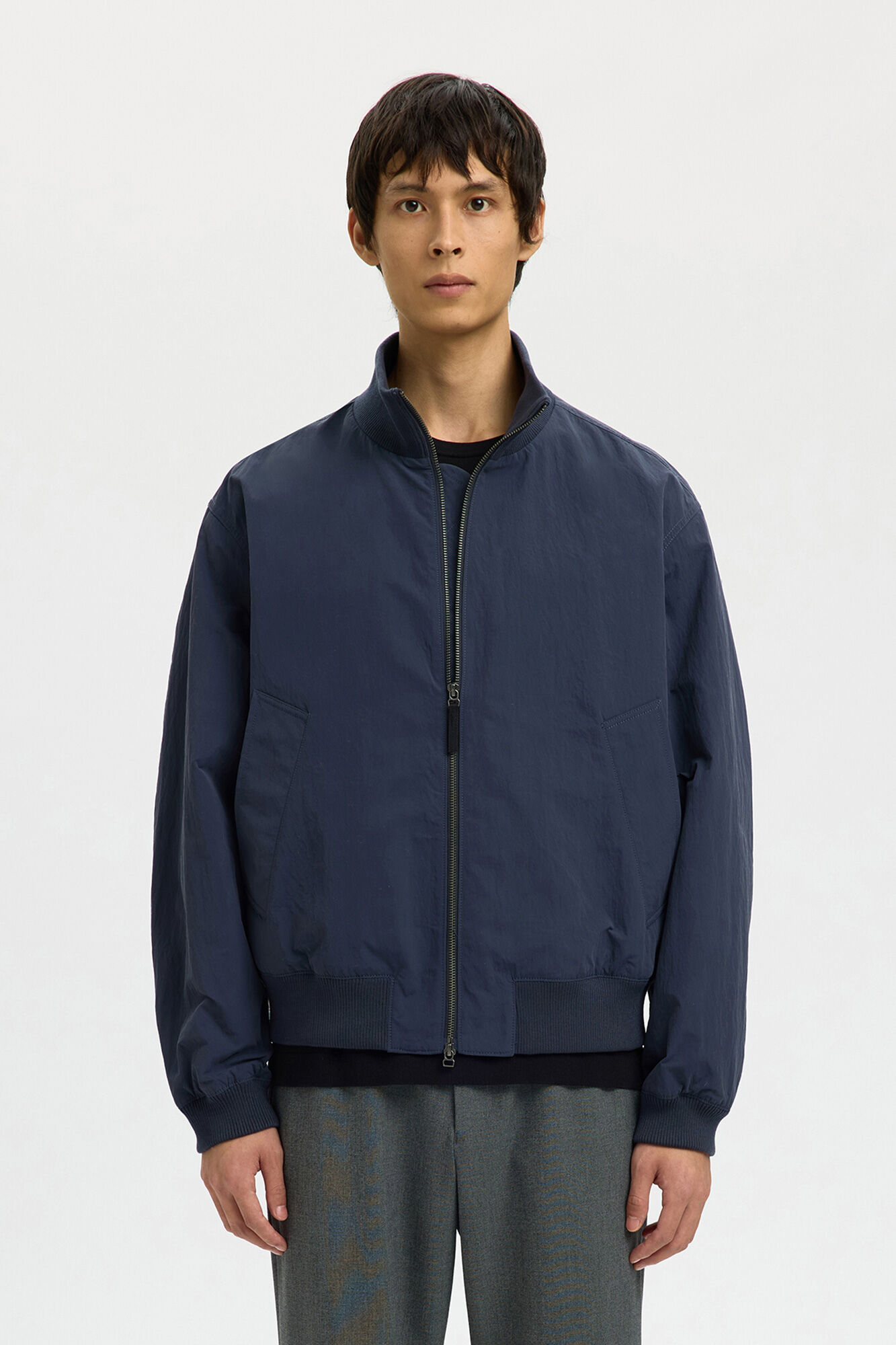 Selected Men's plain zip-fastening bomber jacket Navy