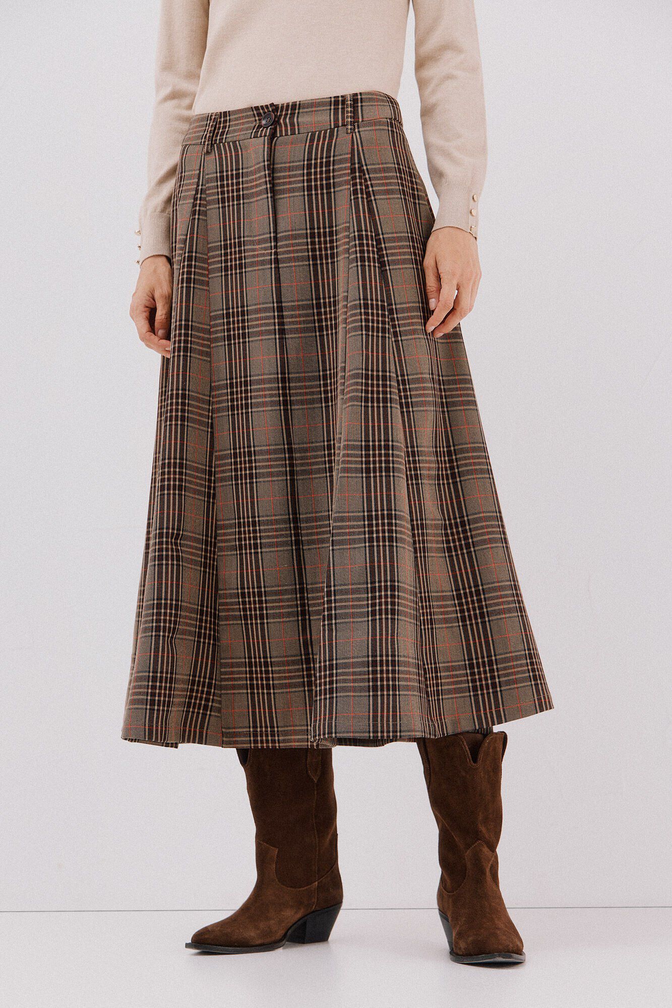 Cortefiel Plaid midi cape skirt Nude