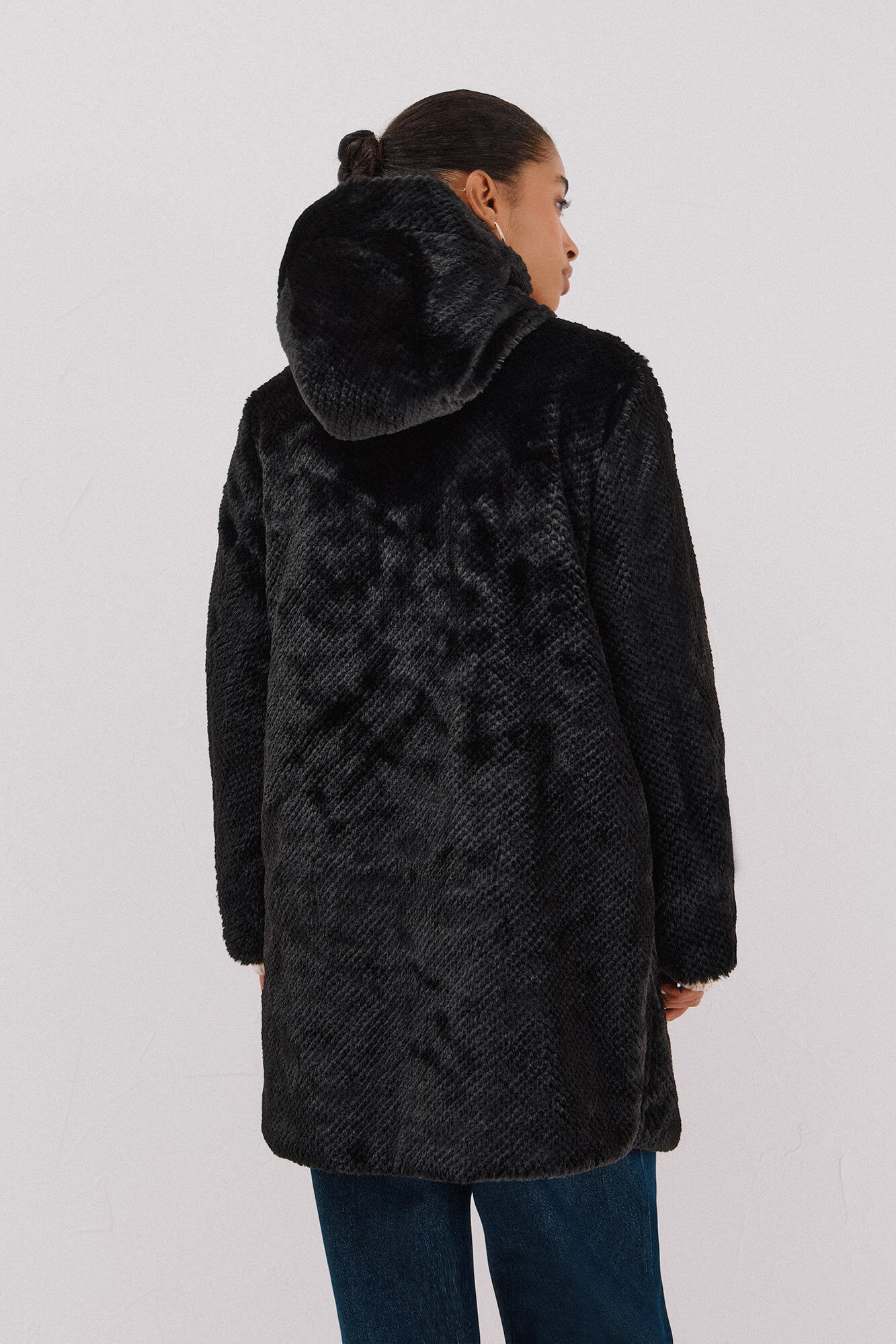 Cortefiel Long reversible faux fur coat Black