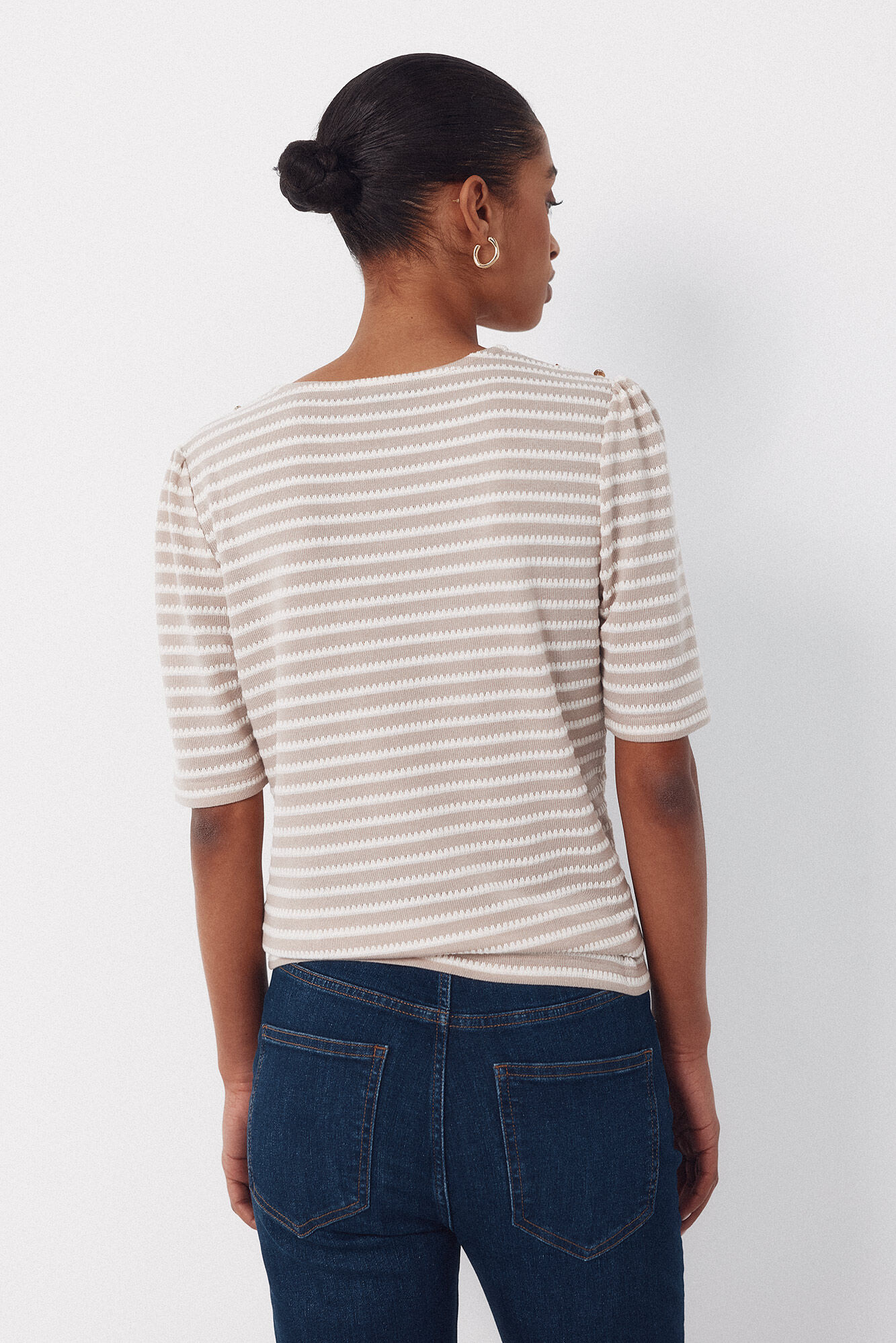 Cortefiel Striped structured t-shirt Beige