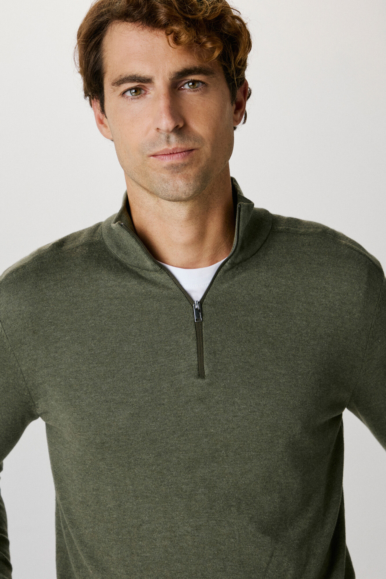 Selected 100% cotton stockings zip fastening jumper . Green
