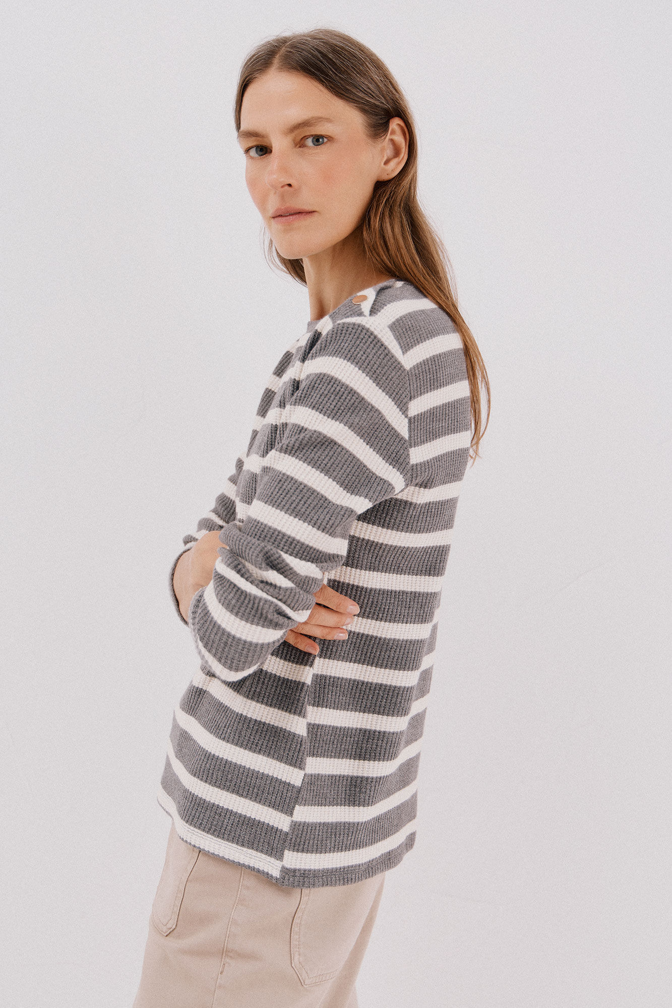 Cortefiel striped structured sweatshirt Grey