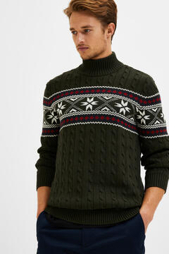 Cortefiel Polo neck rib jumper with Christmas motif Green