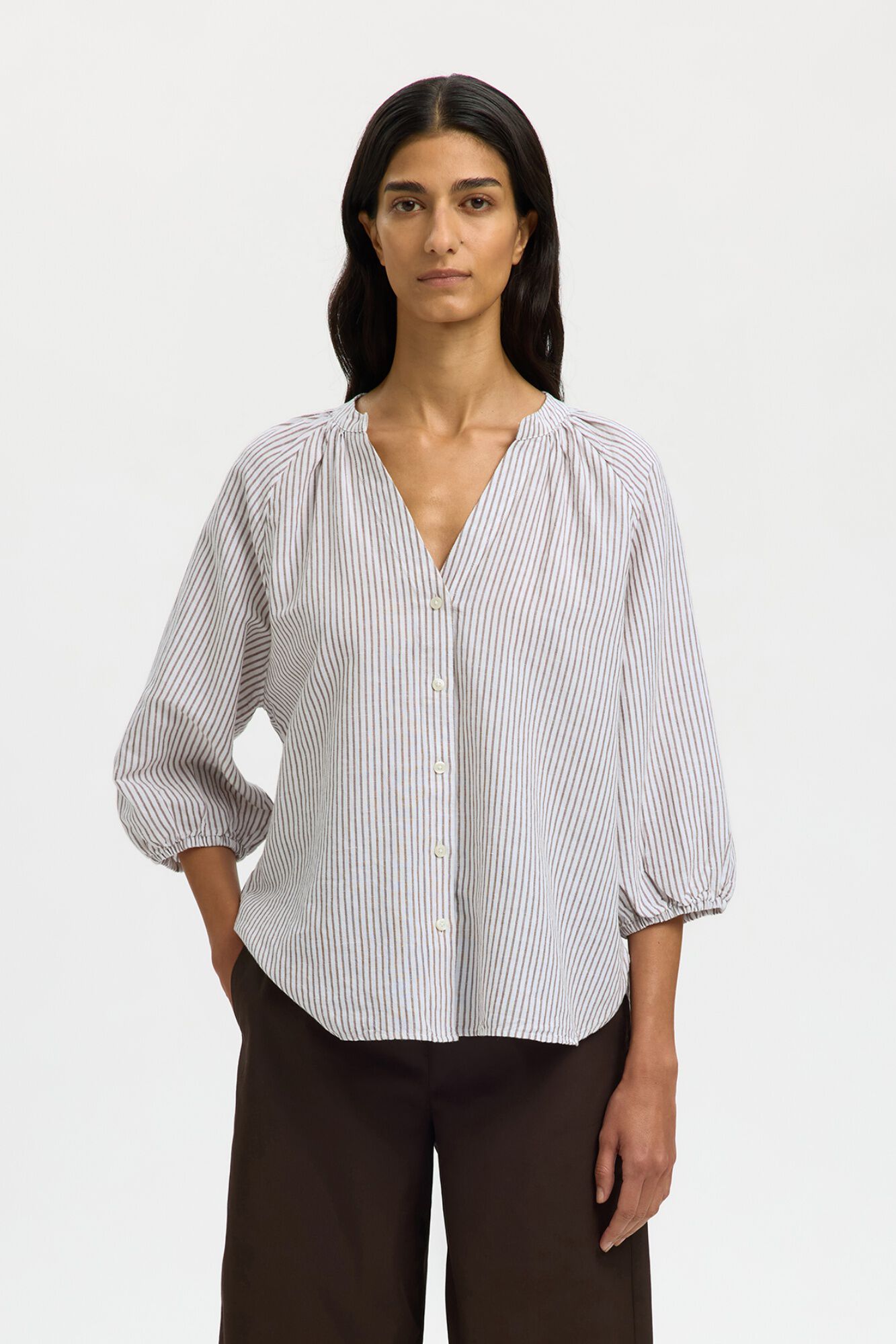 Selected Linen 3/4 sleeve blouse Multicolour