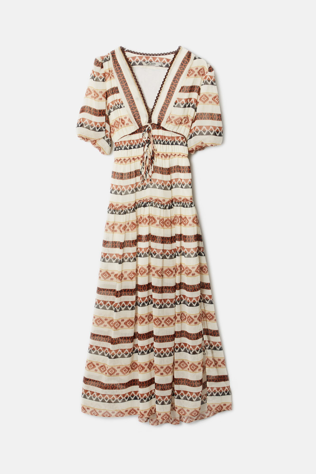 Silbon Vestido comprido com estampado &eacute;tnico  Tostado