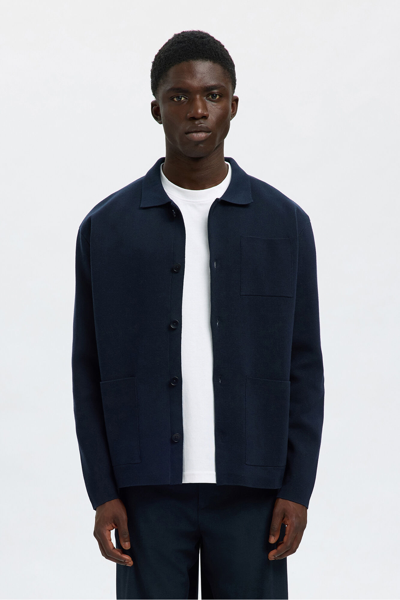 Selected 100% Organic cotton cardigan jacket with pockets. Navy