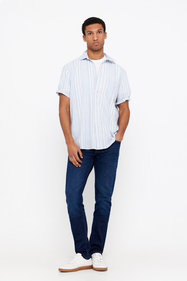 Cortefiel Striped short-sleeved linen and cotton shirt Blue