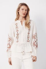 Cortefiel Embroidered blouse with adjustable waist Ivory