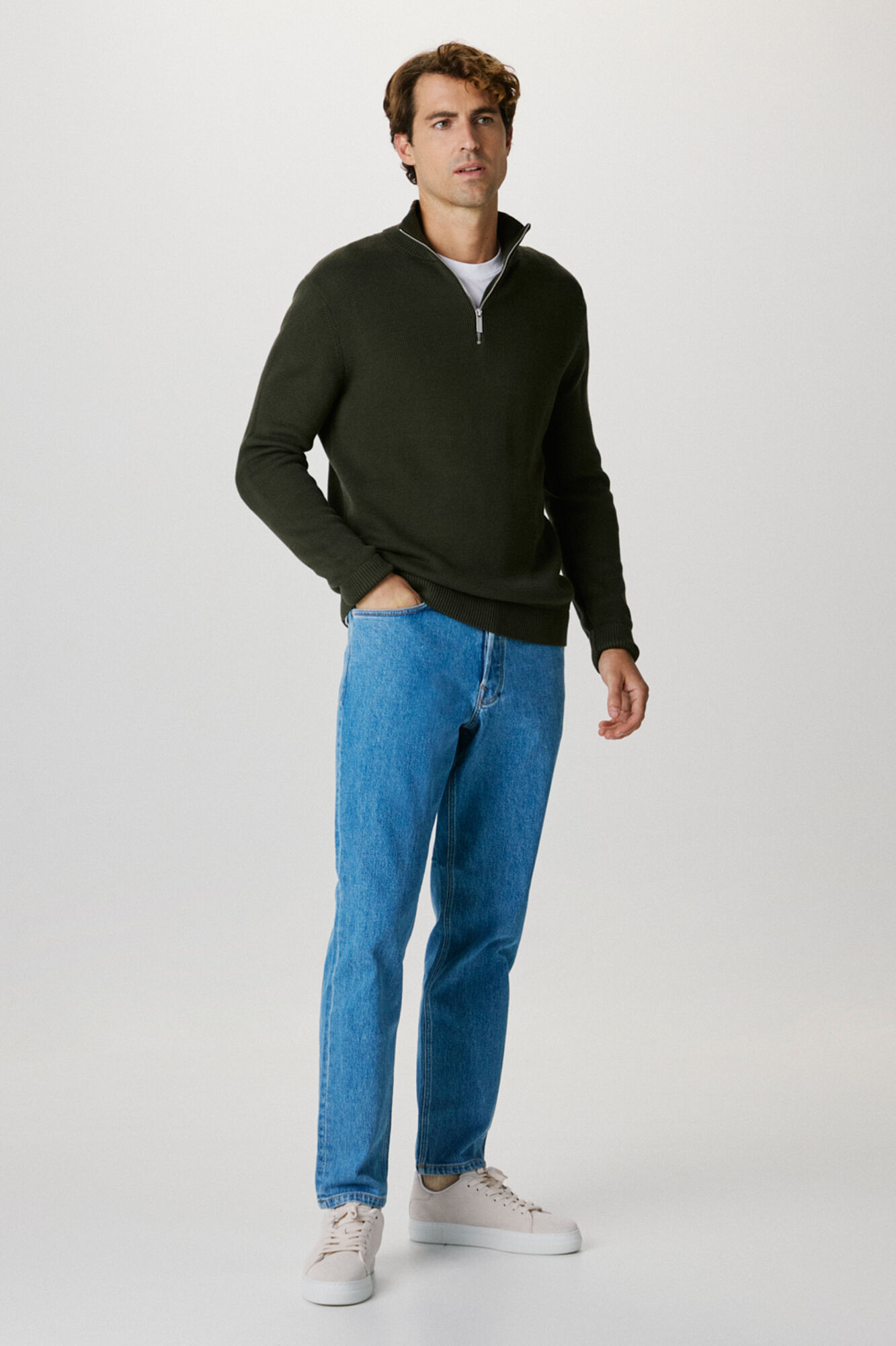 Selected High neck , stockings zip fastening sweater made from 100% organic cotton. Dark green