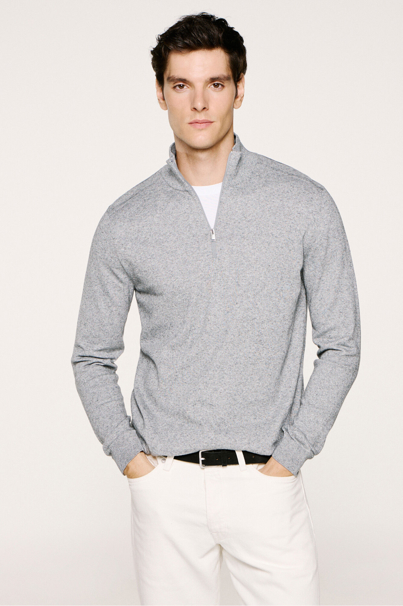 Selected Malha 100% camisola com meia fecho-&eacute;clair . Cinzento