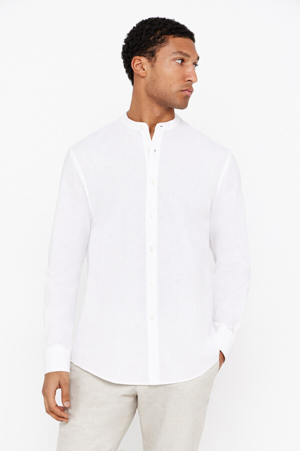 Cortefiel Linen cotton mandarin collar shirt White