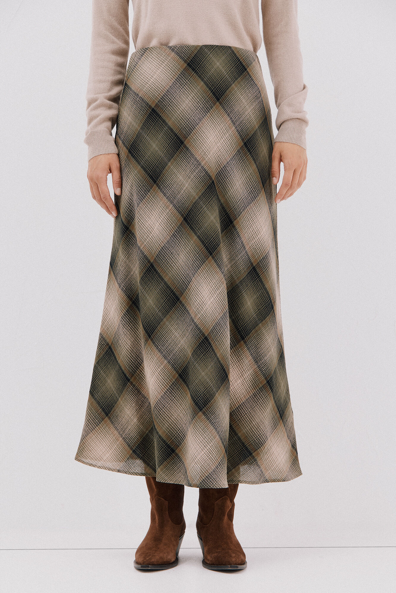 Cortefiel Checkered midi skirt Printed green