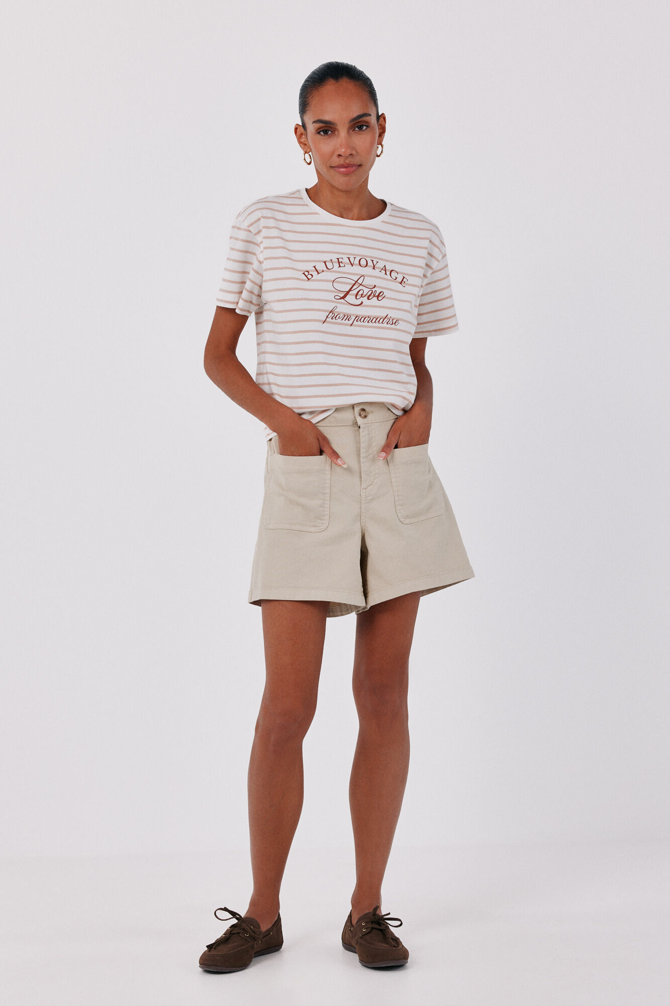 Cortefiel Striped print T-shirt Printed white